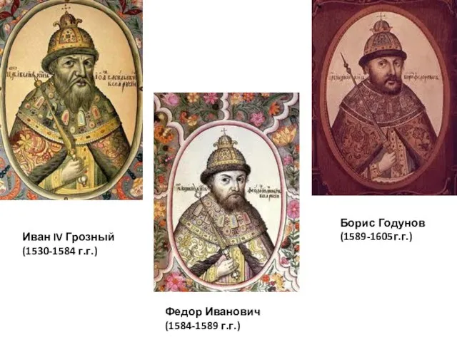 Иван IV Грозный (1530-1584 г.г.) Федор Иванович (1584-1589 г.г.) Борис Годунов (1589-1605г.г.)