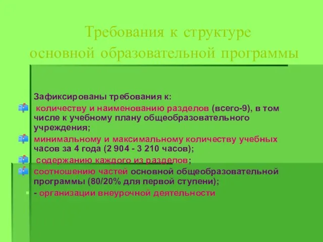 Требования к структуре основной образовательной программы Зафиксированы требования к: количеству и наименованию