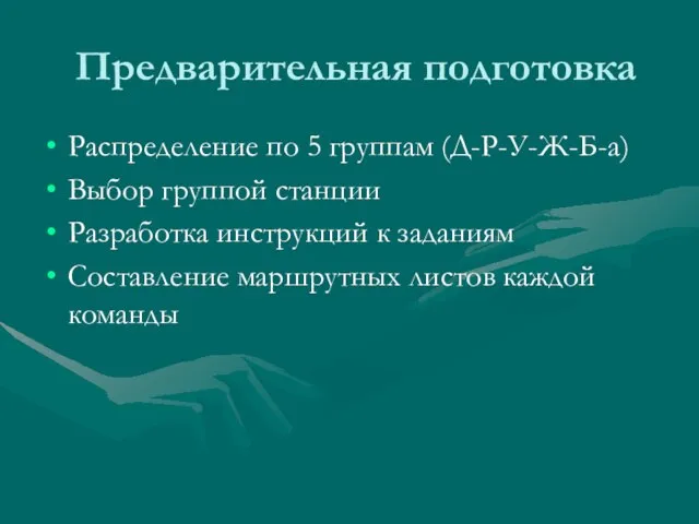 Предварительная подготовка Распределение по 5 группам (Д-Р-У-Ж-Б-а) Выбор группой станции Разработка инструкций