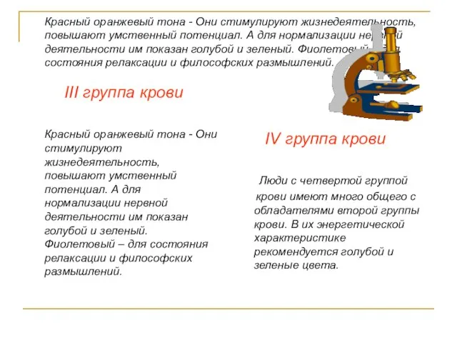 III группа крови Красный оранжевый тона - Они стимулируют жизнедеятельность, повышают умственный