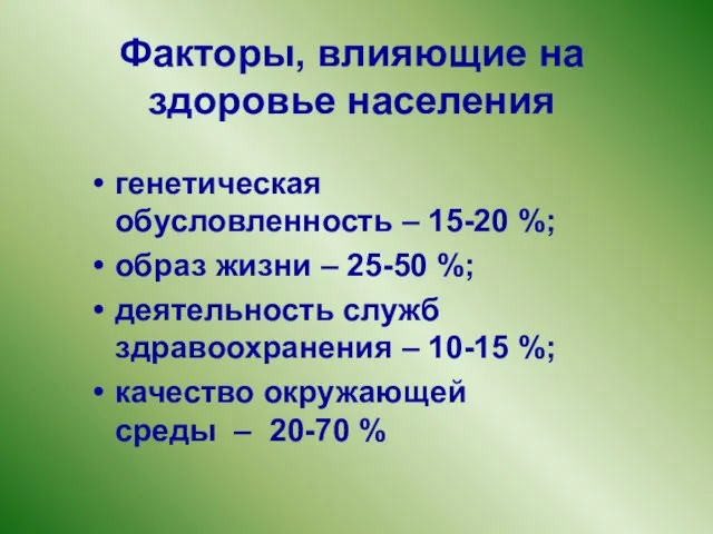 Факторы, влияющие на здоровье населения генетическая обусловленность – 15-20 %; образ жизни