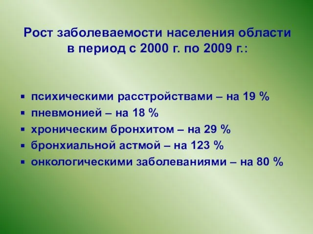 Рост заболеваемости населения области в период с 2000 г. по 2009 г.: