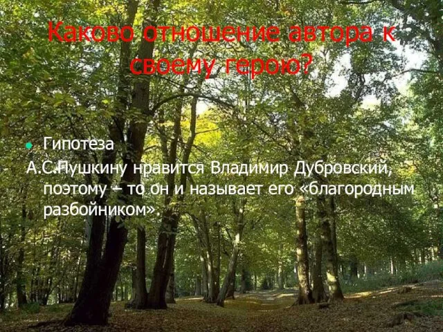 Каково отношение автора к своему герою? Гипотеза А.С.Пушкину нравится Владимир Дубровский, поэтому