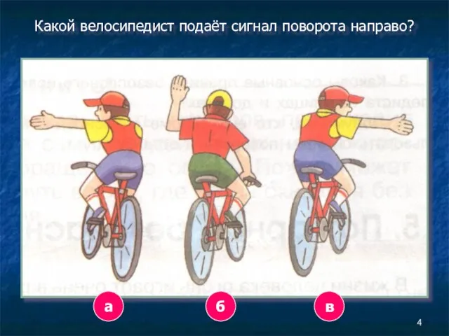 Какой велосипедист подаёт сигнал поворота направо? а в б