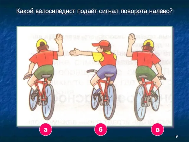 Какой велосипедист подаёт сигнал поворота налево? а б в