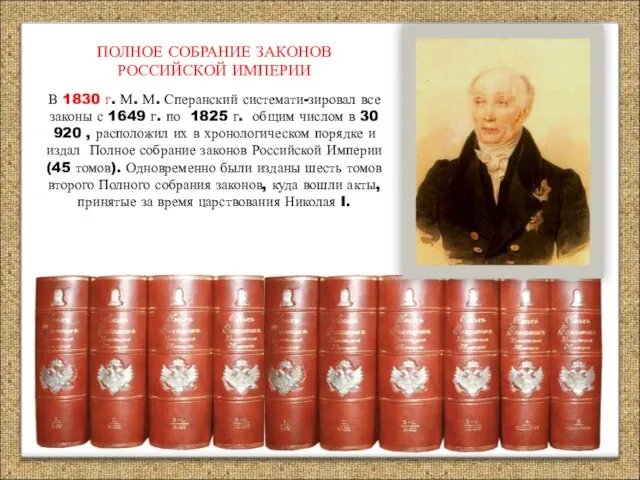 ПОЛНОЕ СОБРАНИЕ ЗАКОНОВ РОССИЙСКОЙ ИМПЕРИИ В 1830 г. М. М. Сперанский системати-зировал