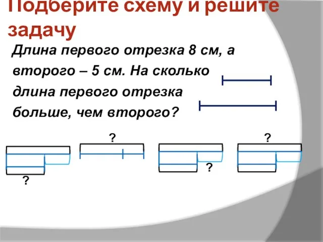 Подберите схему и решите задачу Длина первого отрезка 8 см, а второго