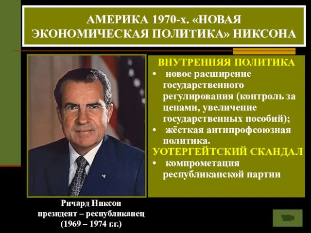 Ричард Никсон президент – республиканец (1969 – 1974 г.г.) АМЕРИКА 1970-х. «НОВАЯ