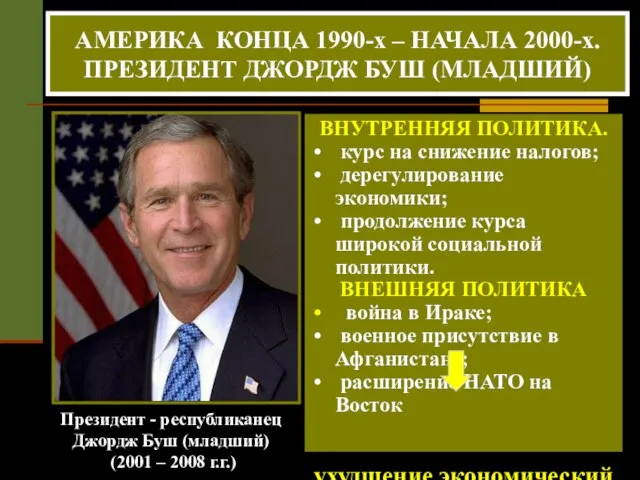 Президент - республиканец Джордж Буш (младший) (2001 – 2008 г.г.) АМЕРИКА КОНЦА