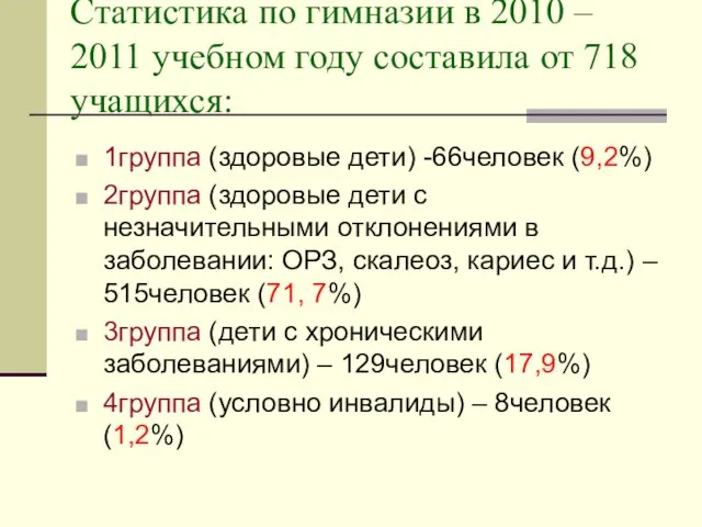 Статистика по гимназии в 2010 – 2011 учебном году составила от 718