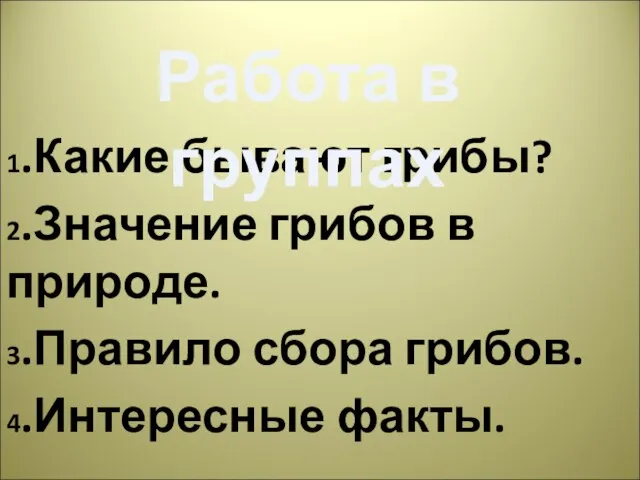 1.Какие бывают грибы? 2.Значение грибов в природе. 3.Правило сбора грибов. 4.Интересные факты. Работа в группах