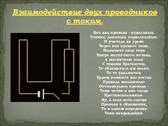 Взаимодействие двух проводников с током. Вот два провода - отдельных, Тонких, длинных,