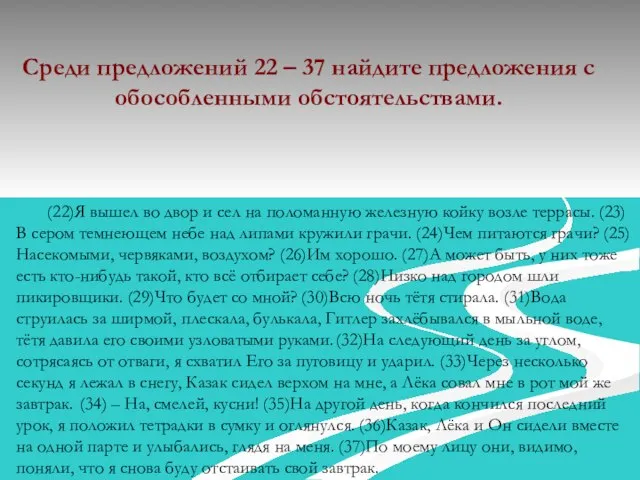 (22)Я вышел во двор и сел на поломанную железную койку возле террасы.