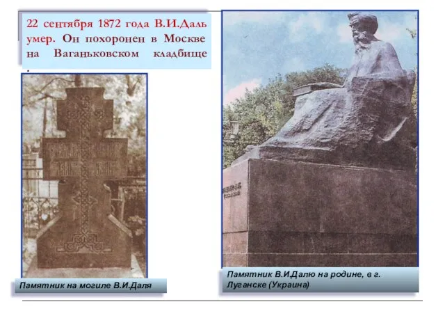 22 сентября 1872 года В.И.Даль умер. Он похоронен в Москве на Ваганьковском