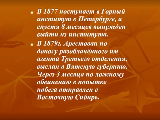 В 1877 поступает в Горный институт в Петербурге, а спустя 8 месяцев