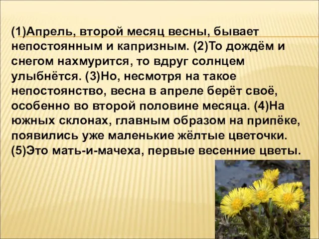 (1)Апрель, второй месяц весны, бывает непостоянным и капризным. (2)То дождём и снегом