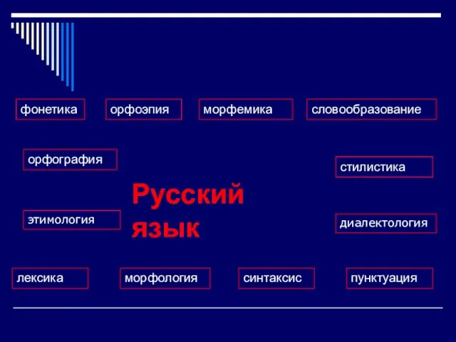 Русский язык фонетика орфоэпия морфемика словообразование орфография стилистика лексика морфология синтаксис пунктуация этимология диалектология