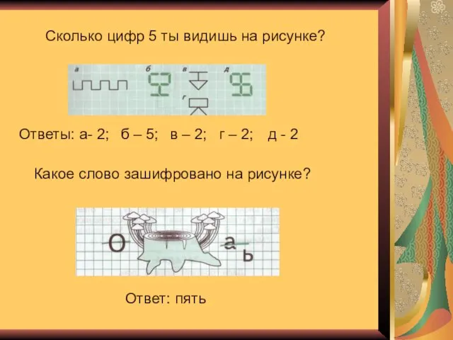 Сколько цифр 5 ты видишь на рисунке? Ответы: а- 2; б –