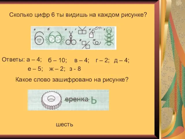 Сколько цифр 6 ты видишь на каждом рисунке? Ответы: а – 4;