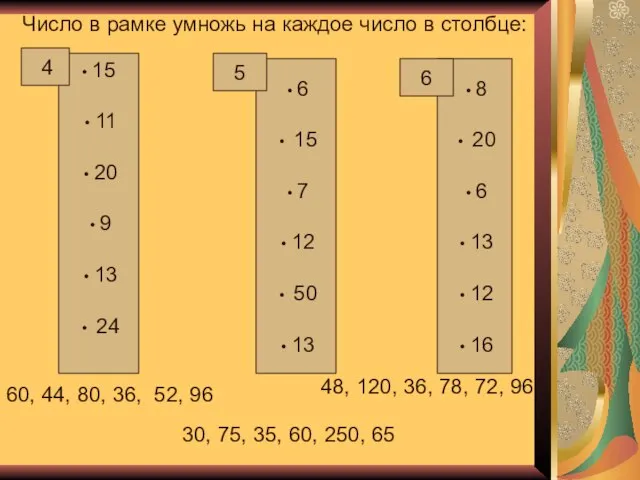 Число в рамке умножь на каждое число в столбце: • 15 •