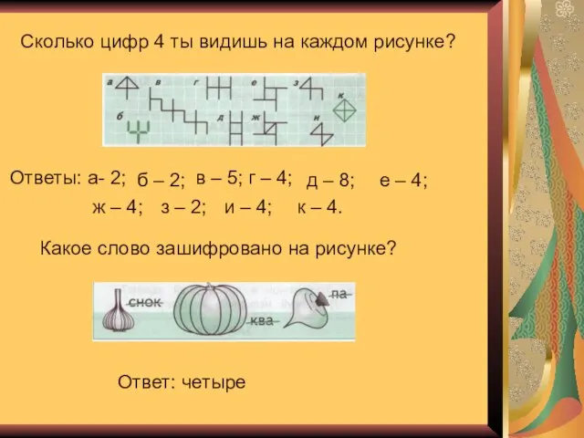 Сколько цифр 4 ты видишь на каждом рисунке? Ответы: а- 2; б