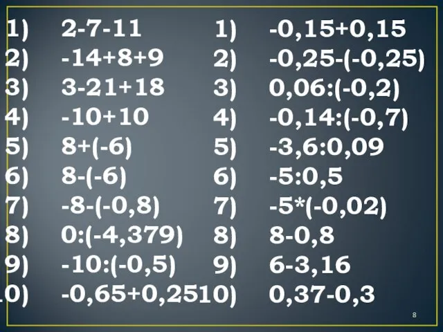 2-7-11 -14+8+9 3-21+18 -10+10 8+(-6) 8-(-6) -8-(-0,8) 0:(-4,379) -10:(-0,5) -0,65+0,25 -0,15+0,15 -0,25-(-0,25)