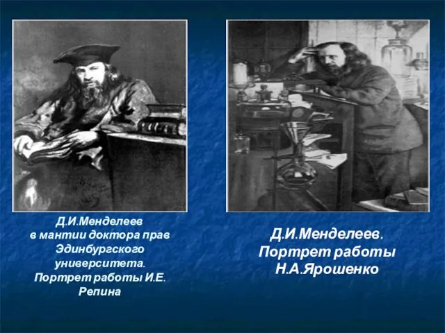 Д.И.Менделеев в мантии доктора прав Эдинбургского университета. Портрет работы И.Е.Репина Д.И.Менделеев. Портрет работы Н.А.Ярошенко