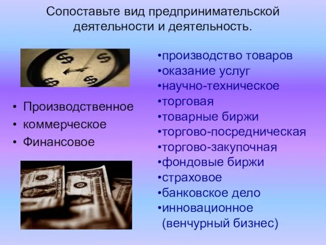 Сопоставьте вид предпринимательской деятельности и деятельность. Производственное коммерческое Финансовое производство товаров оказание