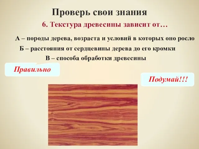 Проверь свои знания В – способа обработки древесины 6. Текстура древесины зависит