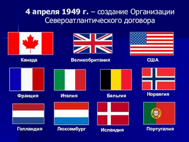 4 апреля 1949 г. – создание Организации Североатлантического договора Канада Великобритания США