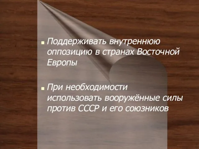 Поддерживать внутреннюю оппозицию в странах Восточной Европы При необходимости использовать вооружённые силы