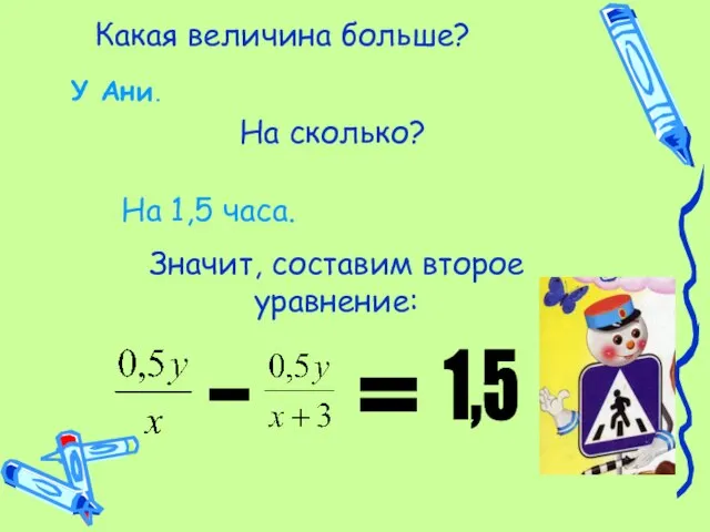 Какая величина больше? У Ани. На сколько? На 1,5 часа. Значит, составим