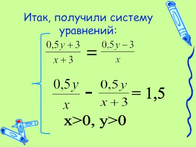 Итак, получили систему уравнений: = - = 1,5 x>0, y>0