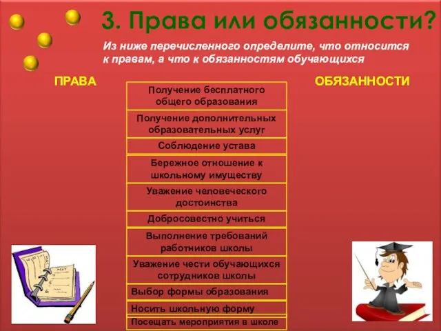 3. Права или обязанности? Из ниже перечисленного определите, что относится к правам,