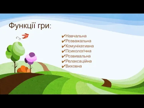 Функції гри: Навчальна Розважальна Комунікативна Психологічна Розвивальна Релаксаційна Виховна