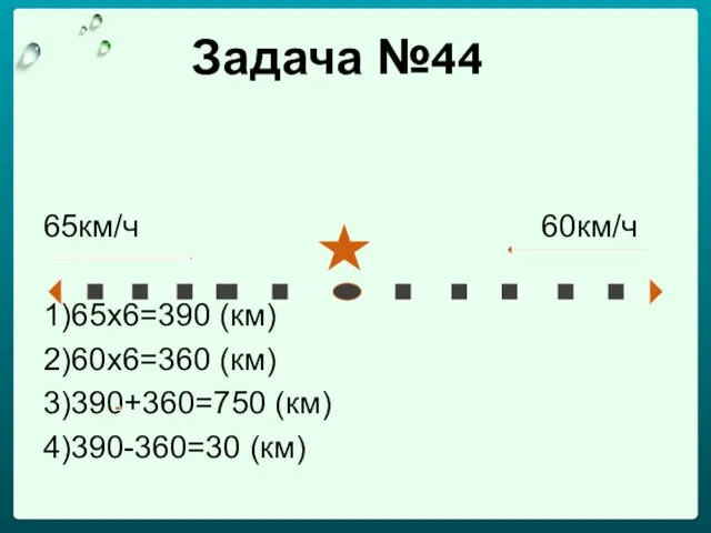 Задача №44 65км/ч 60км/ч 1)65x6=390 (км) 2)60x6=360 (км) 3)390+360=750 (км) 4)390-360=30 (км)