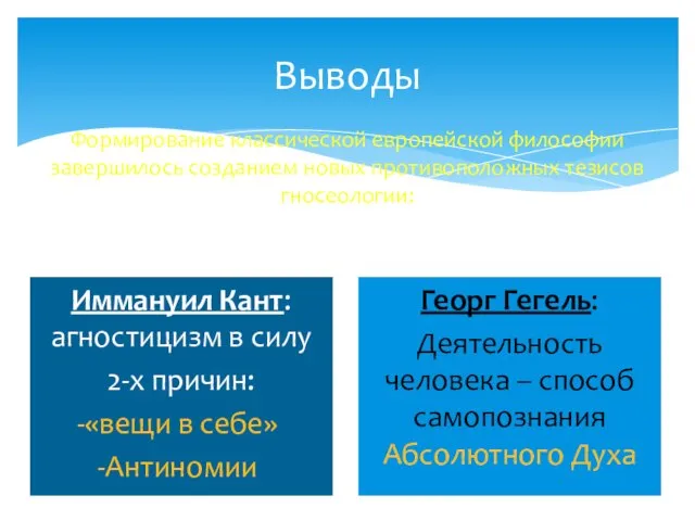 Формирование классической европейской философии завершилось созданием новых противоположных тезисов гносеологии: Выводы Георг