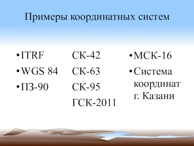 Примеры координатных систем ITRF WGS 84 ПЗ-90 СК-42 СК-63 СК-95 ГСК-2011 МСК-16 Система координат г. Казани