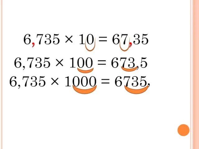 6,735 × 10 = 67,35 , , , 6,735 × 100 =