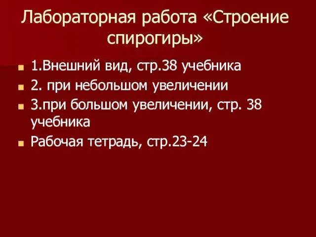 Лабораторная работа «Строение спирогиры» 1.Внешний вид, стр.38 учебника 2. при небольшом увеличении