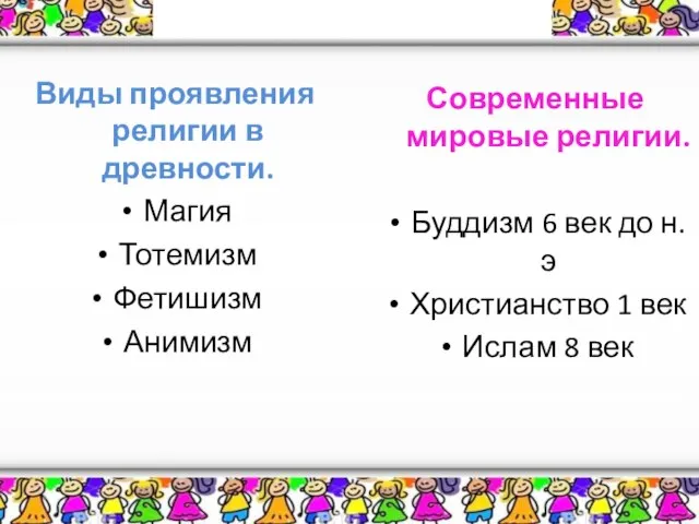 * Виды религий Виды проявления религии в древности. Магия Тотемизм Фетишизм Анимизм