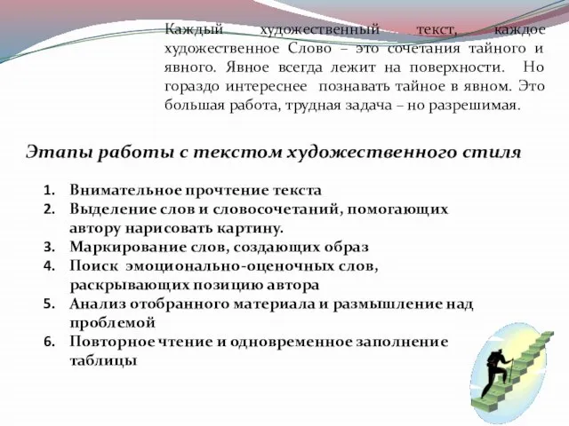 Этапы работы с текстом художественного стиля Внимательное прочтение текста Выделение слов и