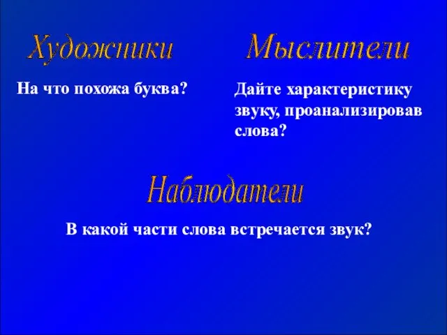 Художники Наблюдатели Мыслители На что похожа буква? Дайте характеристику звуку, проанализировав слова?