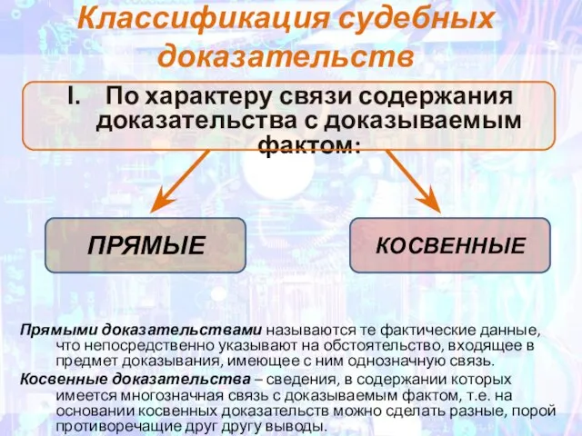 Классификация судебных доказательств По характеру связи содержания доказательства с доказываемым фактом: Прямыми