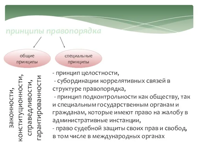 принципы правопорядка общие принципы специальныепринципы законности, конституционности, справедливости, гарантированности - принцип целостности,