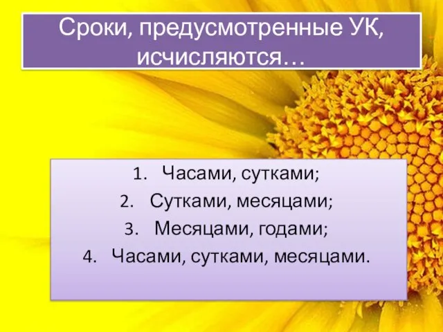 Сроки, предусмотренные УК, исчисляются… Часами, сутками; Сутками, месяцами; Месяцами, годами; Часами, сутками, месяцами.