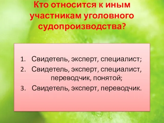 Кто относится к иным участникам уголовного судопроизводства? Свидетель, эксперт, специалист; Свидетель, эксперт,