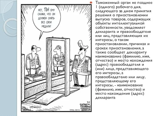 Таможенный орган не позднее 1 (одного) рабочего дня, следующего за днем принятия