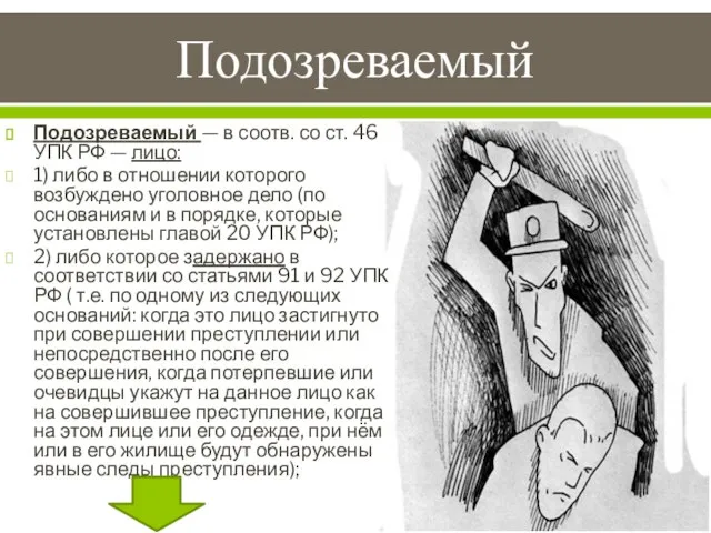 Подозреваемый Подозреваемый — в соотв. со ст. 46 УПК РФ — лицо: