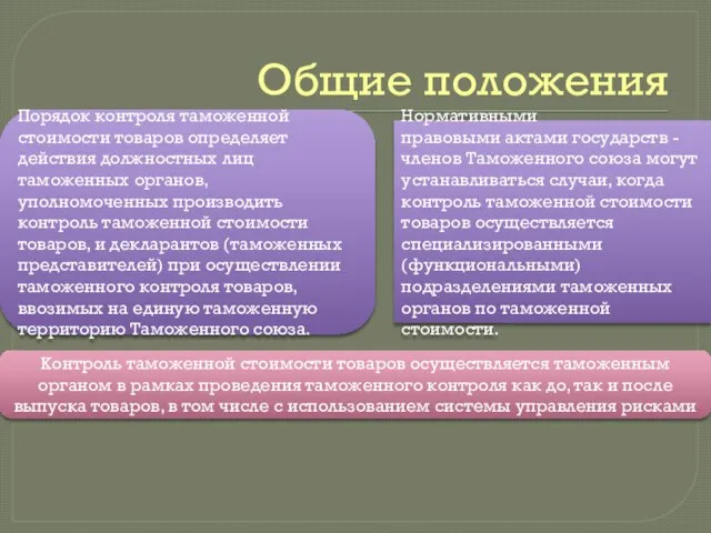 Общие положения Порядок контроля таможенной стоимости товаров определяет действия должностных лиц таможенных